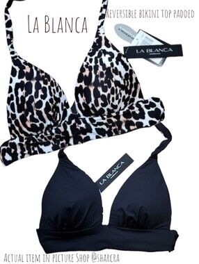 La Blanca Women's reversible padded bikini top Leopard Print Back Tie halter 6